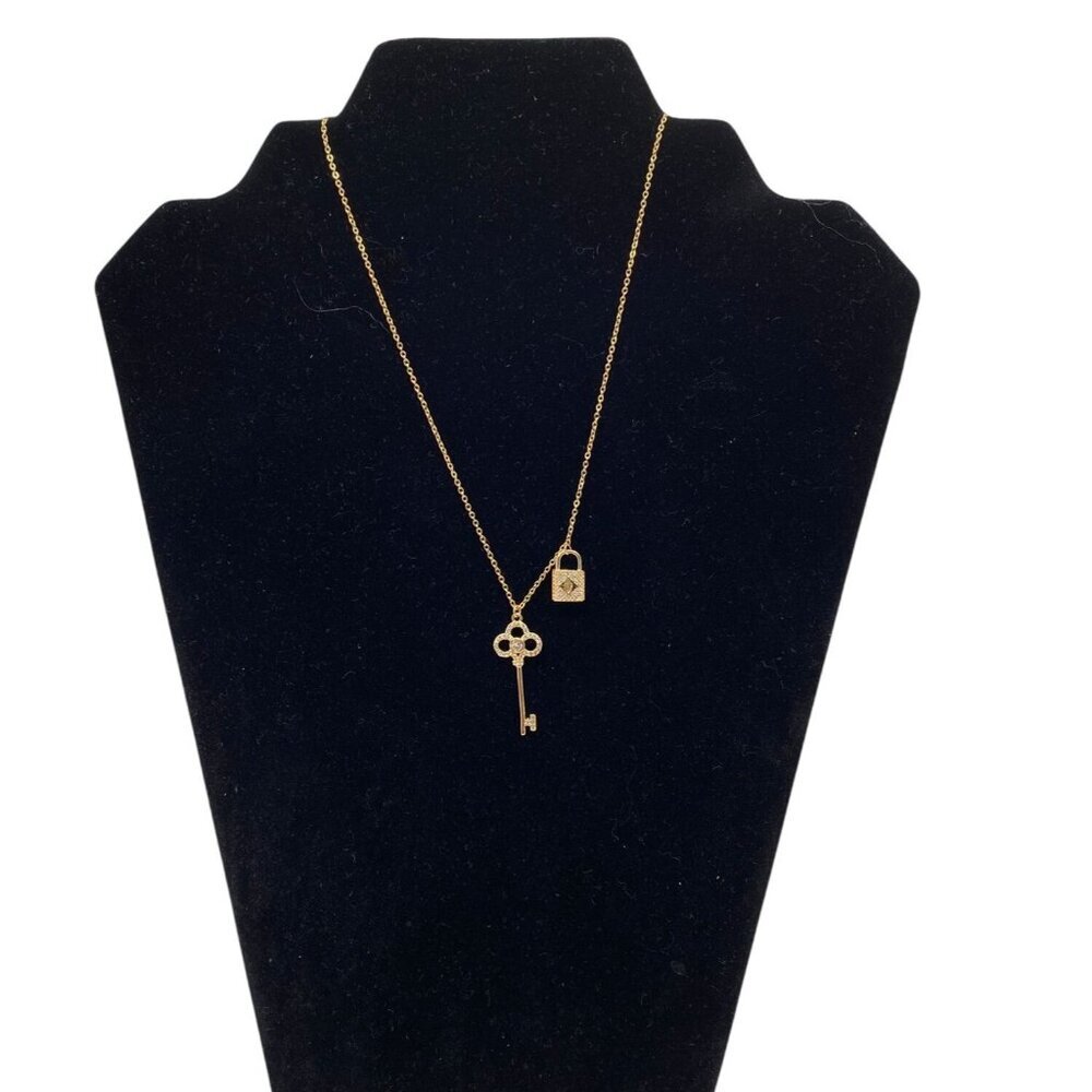 Faux Diamond Key & Lock Pendant Necklace Gold Tone‎ Titanium Steel 46cm Chain